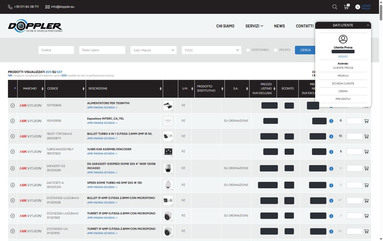 Il menu personale: PROFILO, SCHEDA CLIENTE, ORDINI, PREVENTIVI