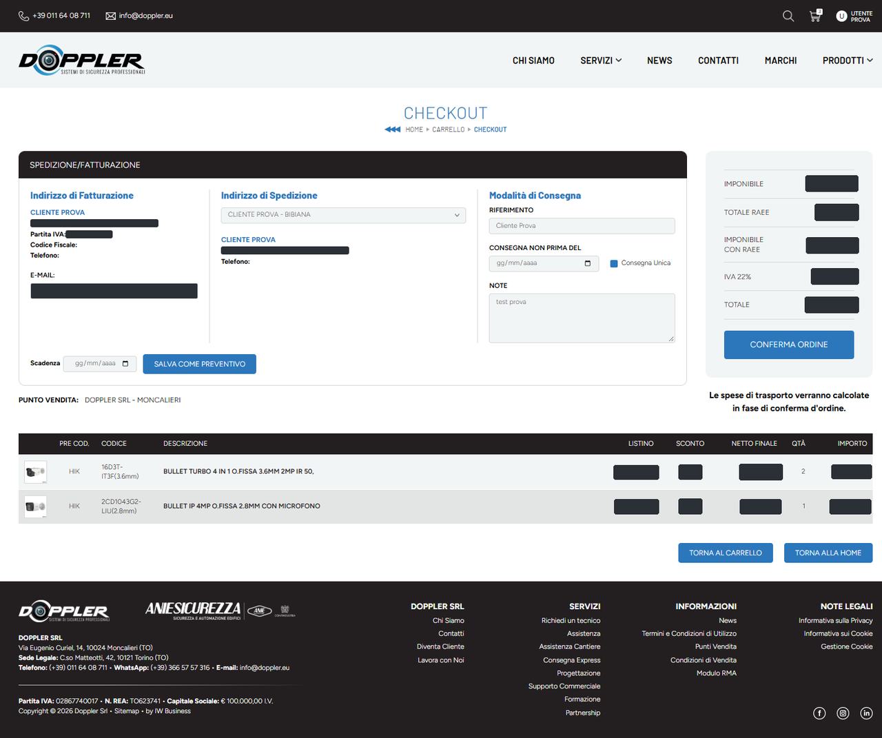 Il checkout: spedizione, consegna, CONFERMA ORDINE o SALVA COME PREVENTIVO